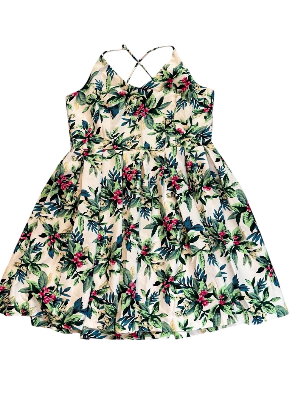Tropical Floral Cream Sundress with Green Leaves
